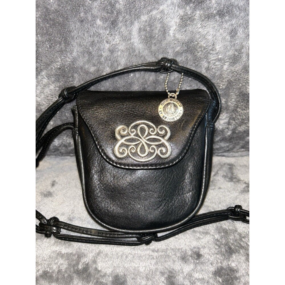 Brighton One World Small Black Leather Crossbody Purse Vintage Silver Hardware